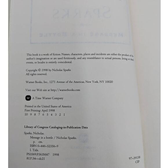 Message In A Bottle By Nicholas Sparks Romance Novel First Printing Vintage 1998 - Picture 9 of 13